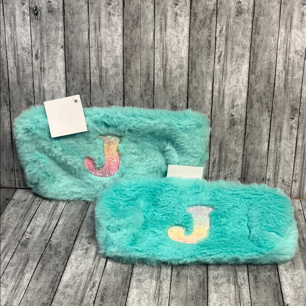 Personalized Kids Plush Pencil Case - Aqua with Iridescent 'J'